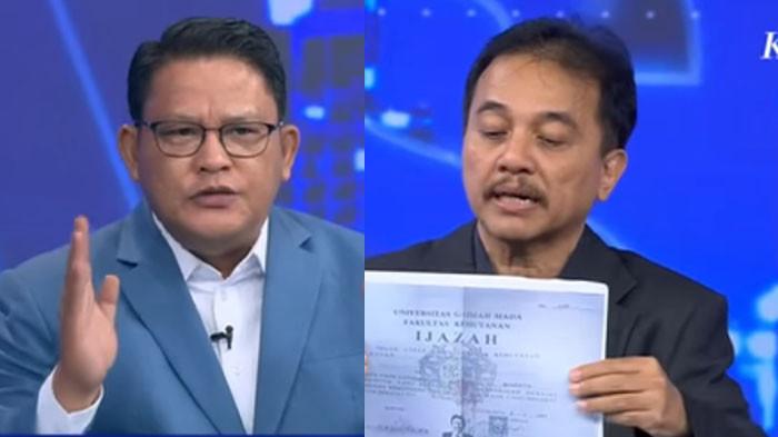 BERDEBAT - Roy Suryo (kanan) berdebat dengan Rivai Kusumanegara (kiri) terkait klaim penelitian akademik yang dilakukan tersangka ijazah Jokowi.