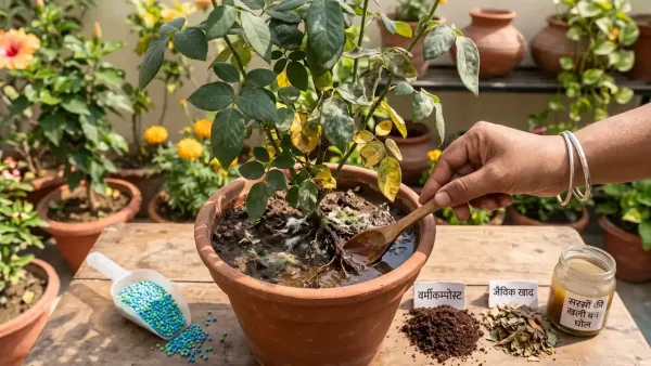 Person applying organic liquid fertilizer with a wooden spoon to potted rose plant soil for healthy growth.