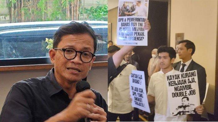 REVISI UU TNI - (kiri) Direktur Eksekutif Amnesty International Indonesia, Usman Hamid yang ungkap kejanggalan pembahasan RUU TNI. (kanan) Aktivis Koalisi Masyarakat Sipil untuk Sektor Keamanan saat mencoba masuk ruang rapat Panja Revisi UU TNI DPR-RI.