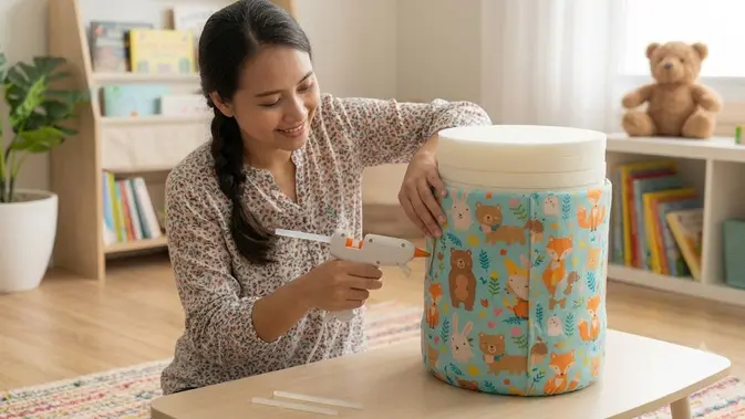 Membuat galon bekas disulap jadi kursi mini untuk anak. [AI Generated]
