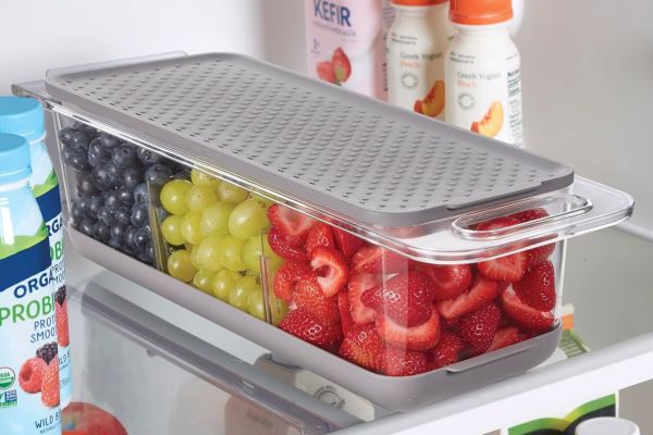 Storage container with separated compartments holding fruits placed in a refrigerator Credit: Amazon