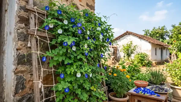 Blue and white aparajita flowers grow on a wooden trellis against a rustic village wall, with harvested petals on a table nearby.