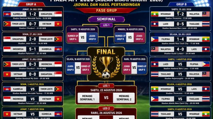 BAGAN PIALA AFF 2026 -- Bagan Piala AFF 2026 Terbaru 1 Agustus, Hasil Skor 10 Laga, Klasemen Grup A Grup B dan Jadwal Final.