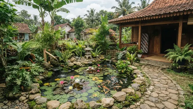 Tanaman air yang cocok untuk kolam mini bergaya Jepang model dengan tanaman teratai (AI generated)