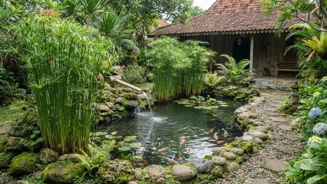 Tanaman air yang cocok untuk kolam mini bergaya Jepang model dengan tanaman papirus (AI generated)