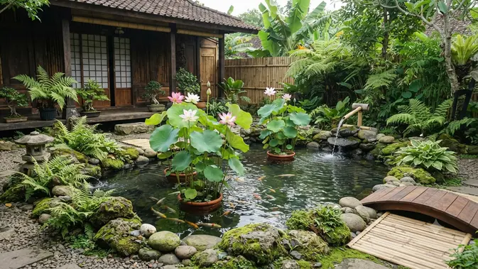 Tanaman air yang cocok untuk kolam mini bergaya Jepang model dengan tanaman lotus (AI generated)