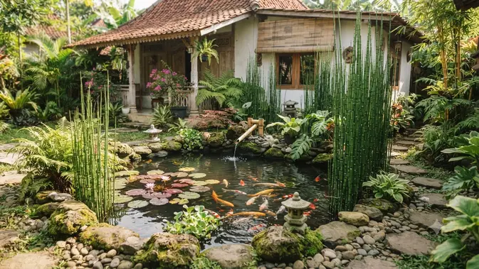 Tanaman air yang cocok untuk kolam mini bergaya Jepang model dengan tanaman ekor kuda (AI generated)