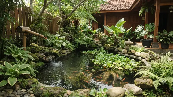 Tanaman air yang cocok untuk kolam mini bergaya Jepang model dengan tanaman eceng air (AI generated)