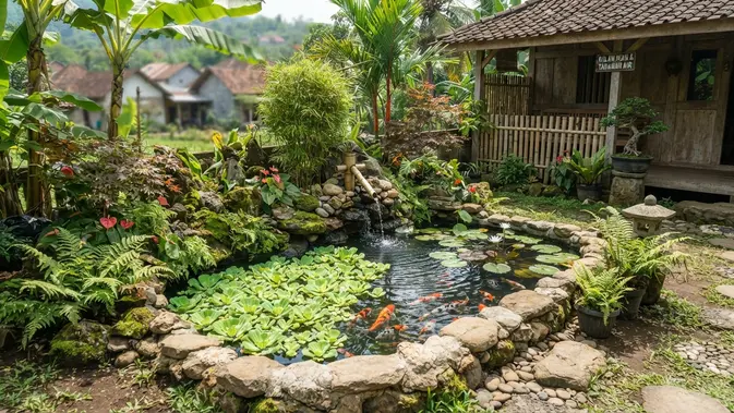 Tanaman air yang cocok untuk kolam mini bergaya Jepang model dengan tanaman kiambang (AI generated)