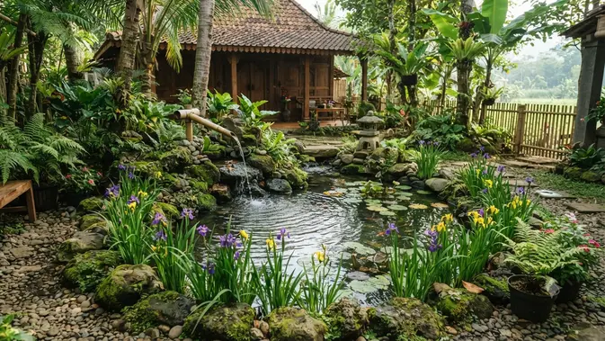 Tanaman air yang cocok untuk kolam mini bergaya Jepang model dengan iris air (AI generated)