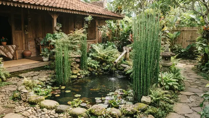 Tanaman air yang cocok untuk kolam mini bergaya Jepang model dengan bambu air (AI generated)