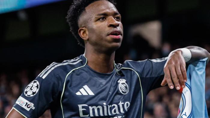 SELEBRASI - Selebrasi pemain Real Madrid, Vinicius Junior saat cetak gol ke gawang Manchester City di leg kedua babak 16 besar Liga Champions 2025/2026 di Etihad Stadium pada Rabu (18/3/2026) dini hari WIB. Real Madrid menang 2-1.