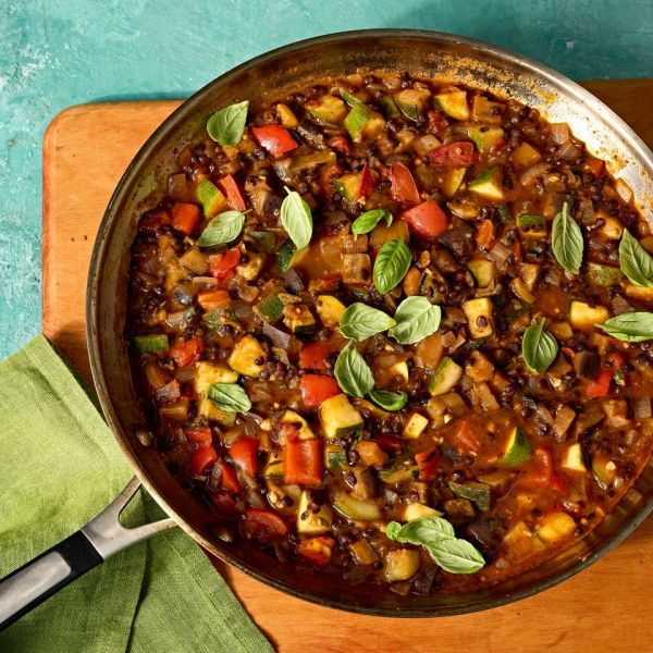 A recipe image of Tomato-Lentil Ratatouille Skillet Credit: Photographer: Jen Causey.