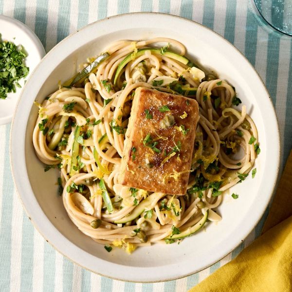 A recipe image of high protein zucchini piccata Credit: Photographer: Jen Causey.