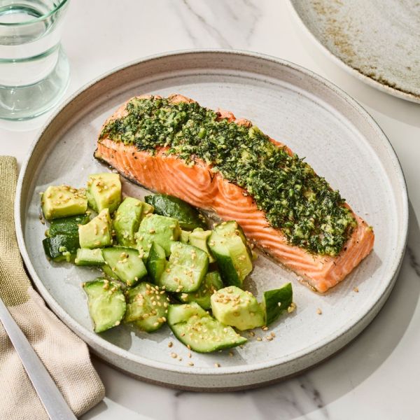 an image of the Ginger-Dill Salmon with Cucumber & Avocado Salad Credit: Photographer Victor Protasio, Food Stylist Chelsea Zimmer, Prop Stylist Christina Daley