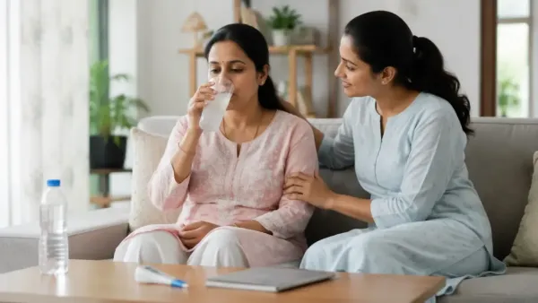 Indian woman drinking ORS and staying hydrated during stomach infection