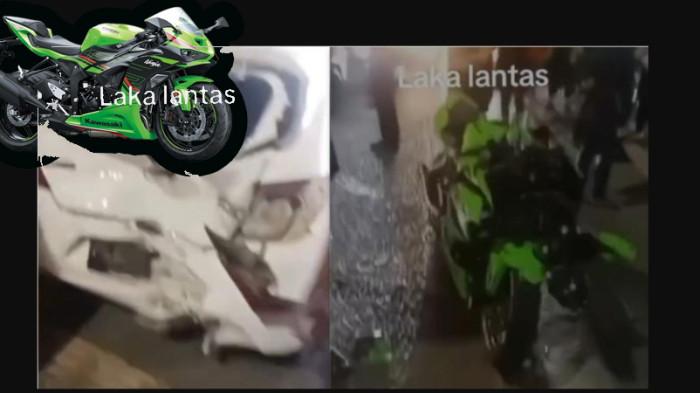 TABRAKAN ZX 6R - Pengendara motor sport Kawasaki Ninja ZX-6R Kota Jambi bertabrakan dengan mobil putih. Kondisi kedua kendaraan remuk.