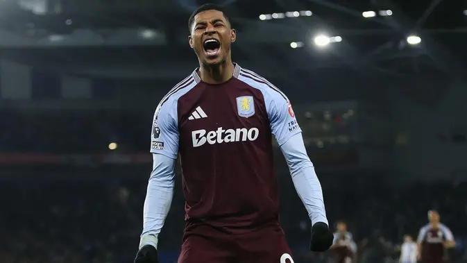 Marcus Rashford Penyerang Aston Villa, Marcus Rashford, merayakan golnya ke Brighton dalam lanjutan Premier League di Stadion Falmer, Kamis dini hari WIB (3-4-2025). (Bola.com/X @AVFCOfficlal)