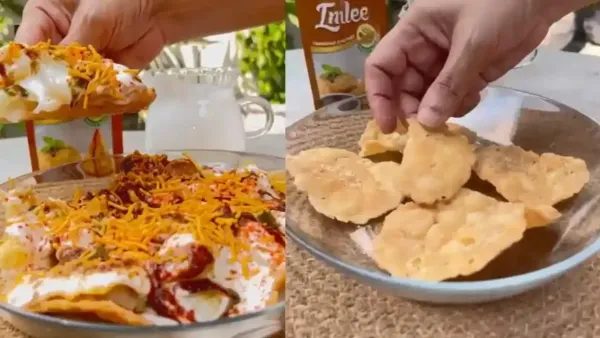 Crispy papdi chaat topped with creamy yogurt, tangy tamarind chutney, and crunchy sev for a delicious snack experience.