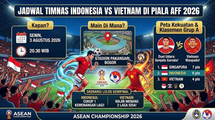 Jadwal Timnas Indonesia vs Vietnam di Piala AFF 2026 tayang Senin, 3 Agustus pukul 20.30 WIB, digelar di Stadion Pakansari, Bogor.