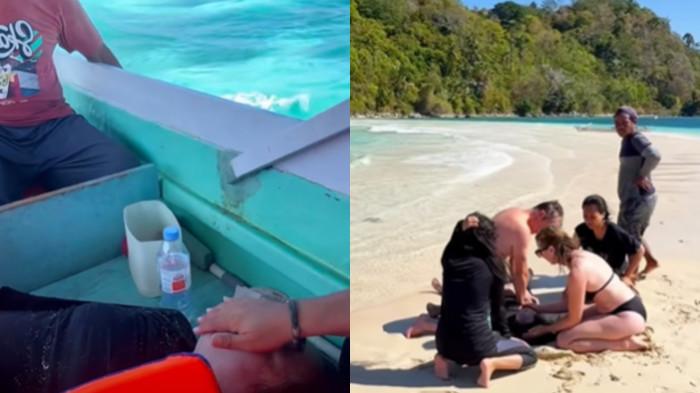 WISATAWAN MENINGGAL -- Kolase foto korban tenggelam di Pulau Bogisa, Kabupaten Gorontalo Utara, Provinsi Gorontalo. Seorang mahasiswi asal Bolaang Mongondow Selatan meninggal dunia setelah terseret arus laut. (Tangkapan layar video FB)
