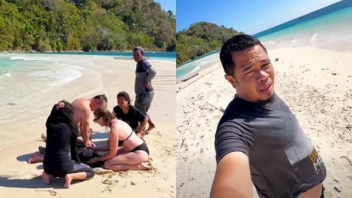 WISATAWAN MENINGGAL -- Tangkapan layar video Facebook. Seorang pengguna Facebook, Agus Kamba (foto kanan) membagikan momen seorang wisatawan lokal diduga meninggal dunia di Pulau Bugisa, Gorontalo Utara, Minggu (2/8/2026) (Facebook/Agus Kamba)