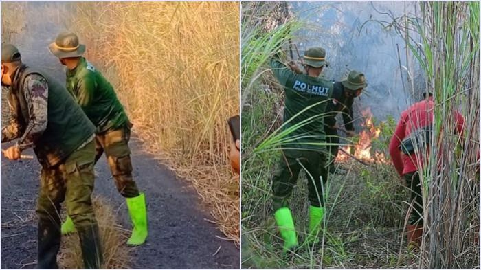 Petugas Gabungan saat proses pemadaman kebakaran hutan di area Gunung Soputan Mitra