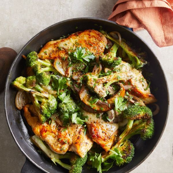 Cheesy Portobello Chicken Cutlets with Broccoli Credit: Jacob Fox