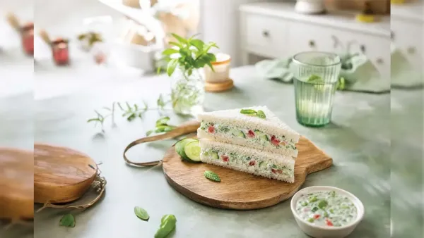 Fresh creamy cucumber tomato sandwich slices served on wooden board with dip and water in bright setting.