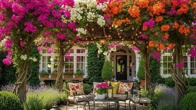Pergola Bunga Kertas (Bougainvillea) yang Romantis. Foto: Gemini