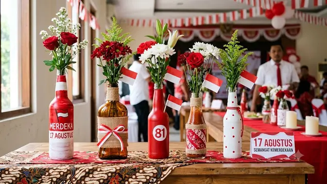 Vas Bunga Merah Putih dari Botol Kaca Bekas (AI Generated)