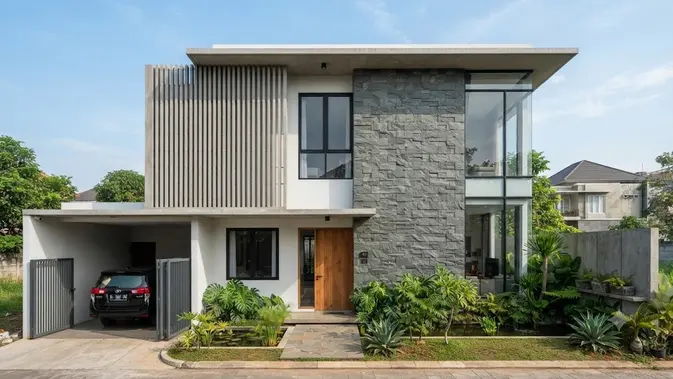 Model Fasad Rumah dengan Perpaduan Roster dan Batu Andesit yang Elegan (Foto: AI Generated)