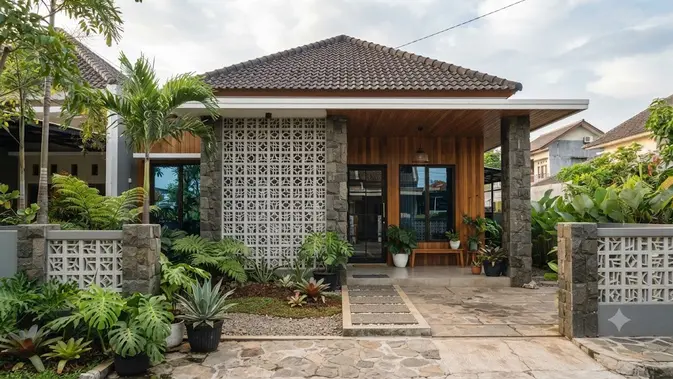 Model Fasad Rumah dengan Perpaduan Roster dan Batu Andesit yang Elegan (Foto: AI Generated)