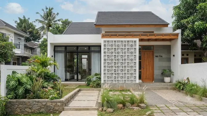 Model Fasad Rumah dengan Perpaduan Roster dan Batu Andesit yang Elegan (Foto: AI Generated)