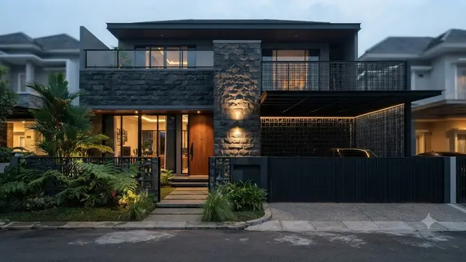 Model Fasad Rumah dengan Perpaduan Roster dan Batu Andesit yang Elegan (Foto: AI Generated)