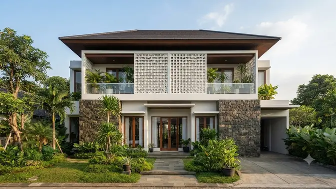 Model Fasad Rumah dengan Perpaduan Roster dan Batu Andesit yang Elegan (Foto: AI Generated)