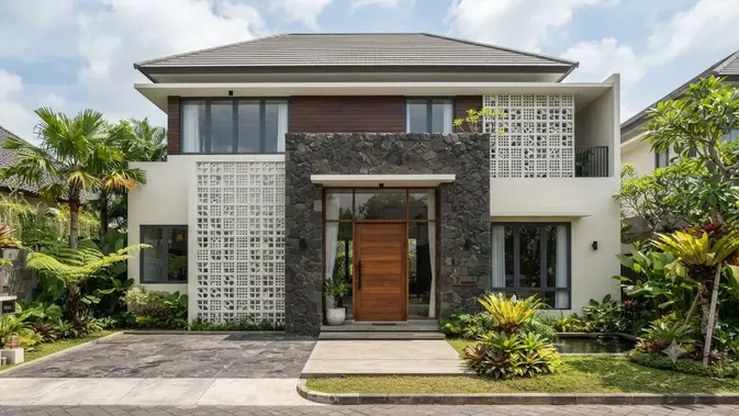 Model Fasad Rumah dengan Perpaduan Roster dan Batu Andesit yang Elegan (Foto: AI Generated)