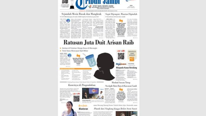 Headline koran harian pagi Tribun Jambi edisi, Senin, 3 Agustus 2026, terkait dugaan arisan bodong di Kabupaten Merangin