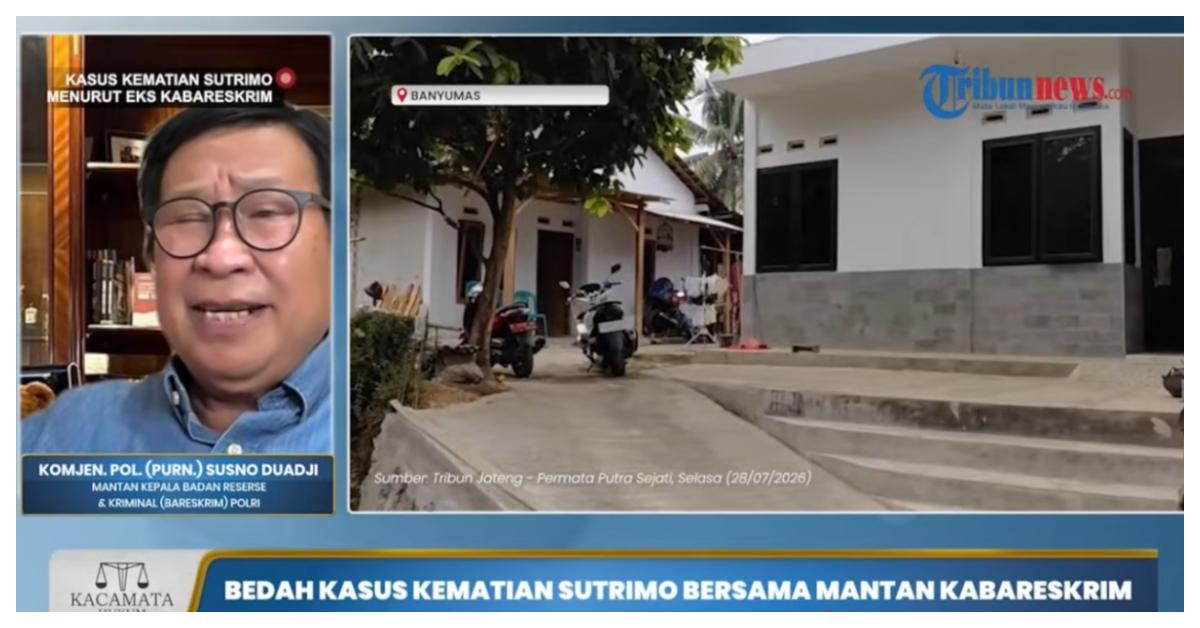 KEMATIAN SUTRIMO - Mantan Kabareskrim Polri Susno Duadji dalam wawancara Program Kacamata Hukum yang dipandu host Rifqah dari Studio Tribunnews Solo, Karanganyar, Jawa Tengah, Senin (3/8/2026). Susno Duadji menilai, wajar jika masyarakat berasumsi alrmahum Sutrimo dibunuh, polisi harus menjawabnya.