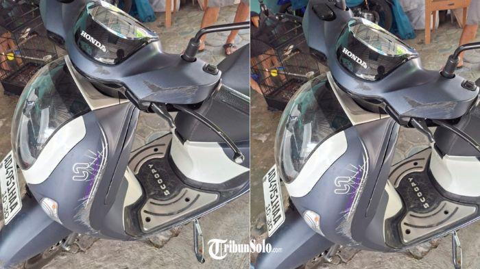 MOTOR KORBAN - Kondisi motor korban pengeroyokan. Tri Agung, warga Mojosongo Kota Solo jadi korban penganiayaan jalanan saat melintas di jalan Adi Sumarmo, Colomadu Kabupaten Karanganyar pada Sabtu (1/8/2026) dini hari lalu.