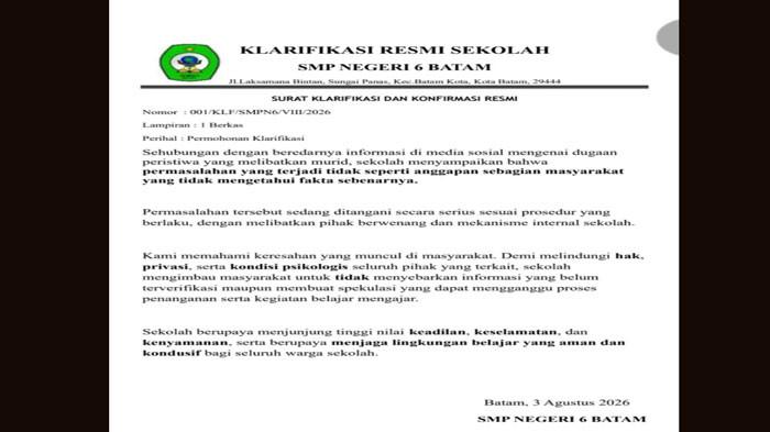 BERI KLARIFIKASI - SMPN 6 Batam beri klarifikasi tertulis terkait kabar viral di media sosial