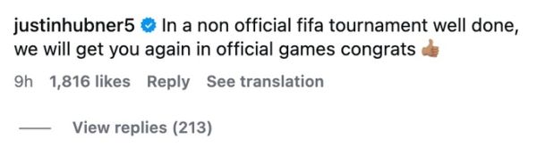 A screenshot of Justin Hubners comment following Indonesias 0-3 defeat against Vietnam at the 2026 ASEAN Cup.