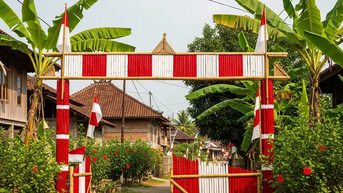 Gerbang Bambu Bernuansa Merah Putih (AI Generated)