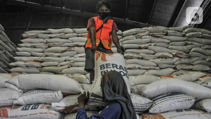 Pekerja melakukan aktivitas bongkar muat karung berisi beras di Gudang Bulog Divisi Regional DKI Jakarta, Kelapa Gading. (merdeka.com/Iqbal S Nugroho)