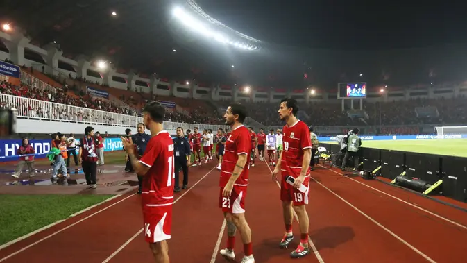 Ekspresi para pemain Timnas Indonesia setelah laga kontra Vietnam pada lanjutan Piala AFF 2026 di Stadion Pakansari, Bogor, Senin (3/8/2026). (Bola.com/Budy Santoso)