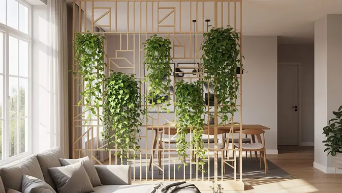 Partisi Kisi dengan Tanaman Rambat (Vertical Garden). AI Generated