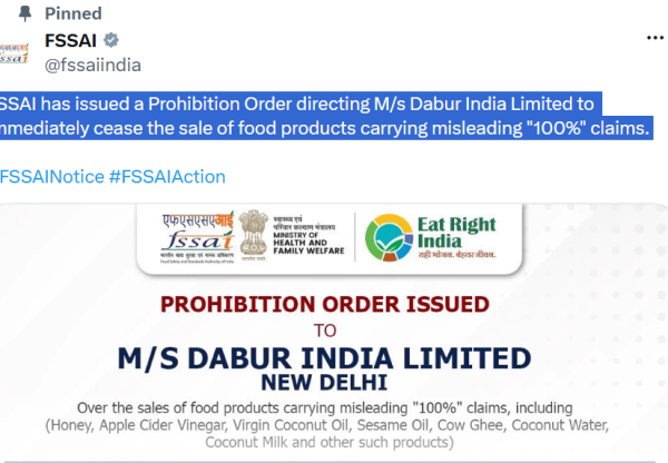 FSSAI Prohibition Order Directing M/s Dabur India Limited To Immediately Cease Sale Of Food Products Carrying Misleading "100%" Claims