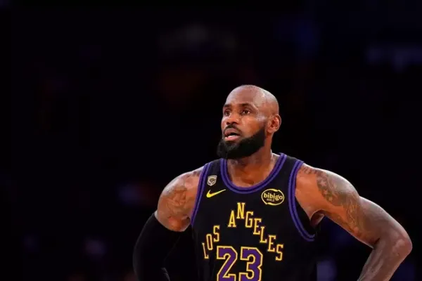 LeBron James stands on the court during the final minutes of Game 4 of the NBA Playoffs semifinal between Los Angeles Lakers and Oklahoma City Thunder on May 11, 2026. Photo by AP