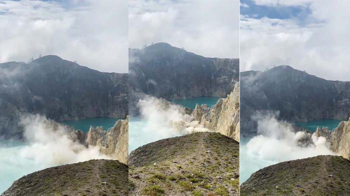 DINDING LONGSOR  - Tangkapan layar video berdurasi 2 menit 22 detik yang menggambarkan dinding pembatas kawah Tiwu Ata Polo dan kawah Tiwu Nua Muri Ko'ofai di Danau Kelimutu, Desa Pemo, Kecamatan Kelimutu, Kabupaten Ende longsor pada Rabu (4/8/2026) siang viral di media sosial.Longsoran yang terjadi Rabu (4/8/2026) membuat dinding pembatas kedua kawah semakin menipis. Tim Pos Pemantau Gunung Kelimutu telah turun ke lokasi untuk melakukan pengecekan kondisi terkini.