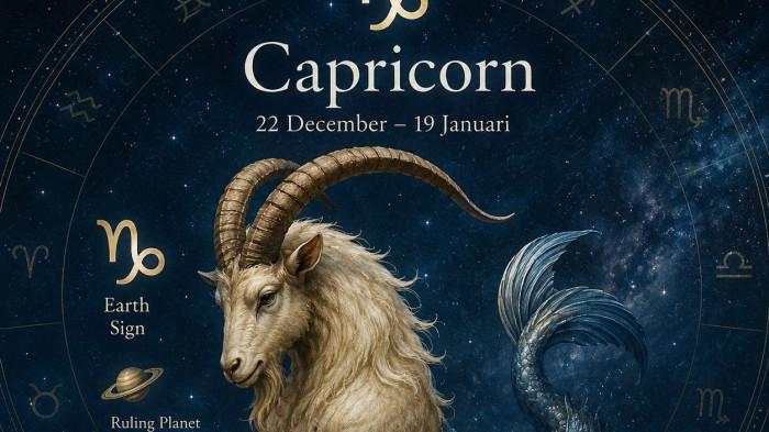 Ilustrasi zodiak Capricorn dengan simbol kambing laut bercorak emas di tengah latar langit malam penuh bintang. Gambar ini menggambarkan karakter Capricorn yang kuat, ambisius, dan penuh keteguhan dalam menghadapi tantangan hidup.